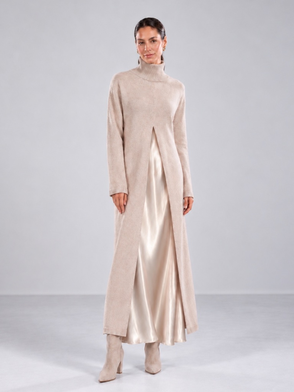 JAKI London Split Front Cashmere Sweater Dahlia Satin Dress Set L/XL